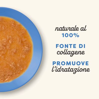 100% naturale, fonte di collagene, favorisce l’idratazione. Immagine del prodotto su piatto blu.