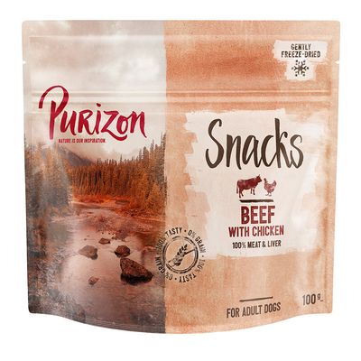Purizon Snacks Naudanliha ja Kana, 100 % lihaa & maksaa, hellävaraisesti pakastekuivattu, 100 g, aikuisille koirille, 0 % viljaa, 100 % herkullinen.