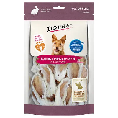 Balení DOKAS Kaninchenohren kurz, getrocknet. Viditelné sušené králičí uši, text 100% Kaninchen, Animal Welfare Tierwohl, Das Werte Kaninchen Belobigung, SGS Institut Fresenius. Balení DOKAS Kaninchenohren kurz, getrocknet. Viditelné sušené králičí uši, text 100% Kaninchen, Animal Welfare Tierwohl, Das Werte Kaninchen Belobigung, SGS Institut Fresenius.