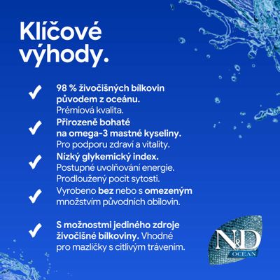N&D Ocean: 98 % živočíšnych bielkovín z oceánu, bohaté na omega-3, nízky glykemický index, málo alebo žiadne obilniny, len jeden zdroj bielkovín pre citlivé trávenie.