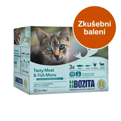 BOZITA Tasty Meat & Fish Menu, zkušební balení, 12×85 g. 3× losos, sleď, extra kuře, sob. Grain free, snadné trávení. Švédské přírodní ingredience. Obal s fotografií kočky.