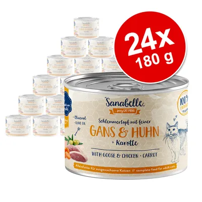 Sanabelle Schlemmertopf liba és csirke répával, teljes értékű eledel felnőtt macskáknak, 24x180g konzerv, olívaolajat tartalmaz, 100% exkluzív.