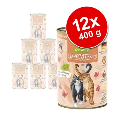 GranataPet DeliCATessen, 12×400 g konzerv pro kočky, příchuť telecí a králík. Viditelné texty: Paté, Veal & coney, Hergestellt in Deutschland, Ohne Getreide, Granatapfelkerne.