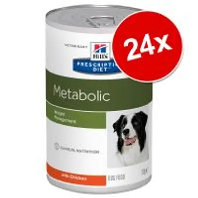 Hill's Prescription Diet Metabolic konzerva, nápis 24x, Weight Management, obrázek psa na etiketě, 370 g