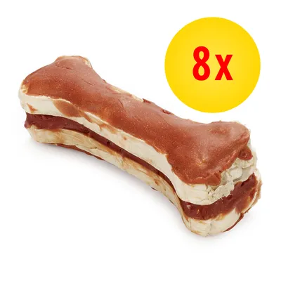 Puruluu, jossa ruskea ja vaalea kerros. Keltainen ympyrä, jossa punainen teksti '8x' osoittaa pakkauksessa olevan 8 kappaletta. Puruluu, jossa ruskea ja vaalea kerros. Keltainen ympyrä, jossa punainen teksti '8x' osoittaa pakkauksessa olevan 8 kappaletta.