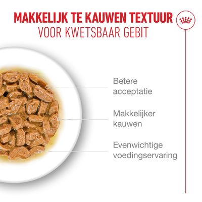 Zacht te kauwen textuur voor een gevoelig gebit. Voordelen: betere acceptatie, gemakkelijker kauwen, een evenwichtige voedingsbeleving.