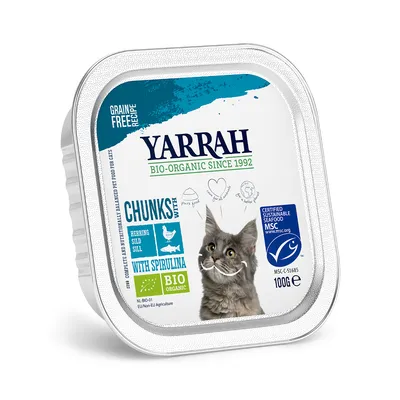 Yarrah Bio-Organic Since 1992 kattenvoer, graanvrij, chunks met haring en spirulina, bio, MSC-keurmerk, 100 g. NL-BIO-01. Complete voeding voor katten.