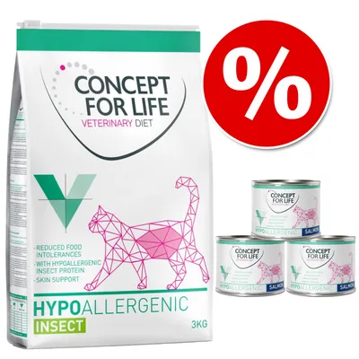 Concept for Life Veterinary Diet Hypoallergenic Insect 3kg dry cat food bag, three cans of Hypoallergenic Salmon, red percentage discount symbol visible