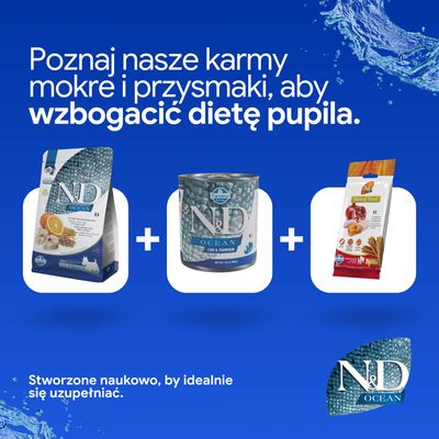 Farmina N&D Ocean karma sucha, mokra i przysmaki dentystyczne przedstawione obok siebie. Logo marki w prawym dolnym rogu.