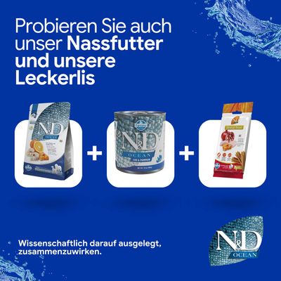 Probieren Sie auch unser Nassfutter und unsere Leckerlis. Abgebildet: N&D Ocean Trockenfutter, Nassfutterdose und Dental Treats. Wissenschaftlich darauf ausgelegt, zusammenzuwirken.