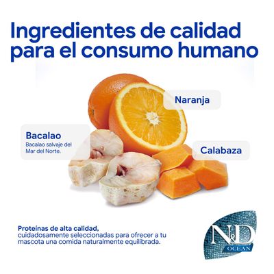 Ingredientes: bacalao del Mar del Norte, naranja y calabaza. Proteínas de alta calidad para una alimentación equilibrada para mascotas. Logo N&D Ocean.