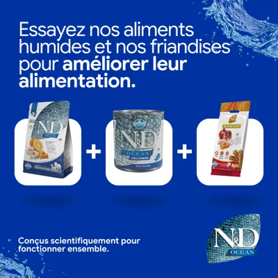 N&D Ocean croquettes, aliments humides et friandises dental. Développé scientifiquement pour une nutrition améliorée.