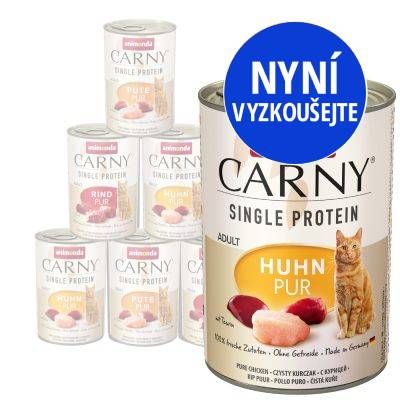 Konzervy Animonda Carny Single Protein pro kočky, příchutě Huhn Pur, Rind Pur, Pute Pur. Modrý kruh s textem: Nyní vyzkoušejte.