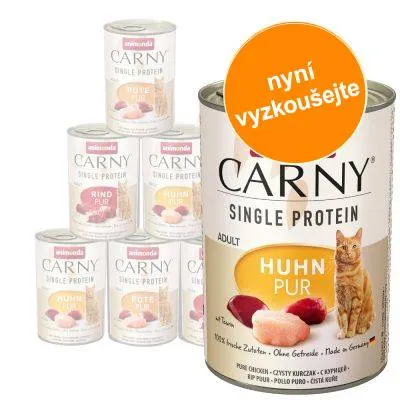 Konzervy Animonda Carny Single Protein pro kočky, různé druhy: Huhn Pur, Rind Pur, Pute Pur. Velká konzerva s nápisem nyní vyzkoušejte.