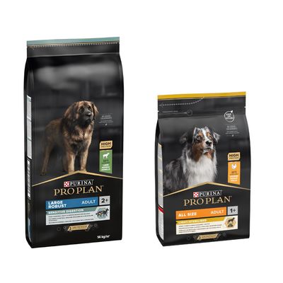 14 + 3 kg gratis! 14kg Purina Pro Plan hrană uscată pentru câini Large Adult Robust Sensitive Digestion Miel & Orez + All Sizes Adult Light/Sterilised
