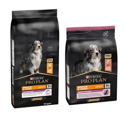 Purina Pro Plan Medium & Large Adult 7+ Sensitive Skin с сьомга, високо съдържание на протеин, без оцветители, за здрава кожа. Разфасовка: 14 кг.