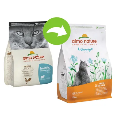 Almo Nature krmivo pre mačky, predtým: Holistic Urinary Help s čerstvým kuracím mäsom, teraz: Veterinary Help s čerstvým kuracím mäsom, 2kg balenie. Zmena zvýraznená zelenou šípkou. Almo Nature krmivo pre mačky, predtým: Holistic Urinary Help s čerstvým kuracím mäsom, teraz: Veterinary Help s čerstvým kuracím mäsom, 2kg balenie. Zmena zvýraznená zelenou šípkou.