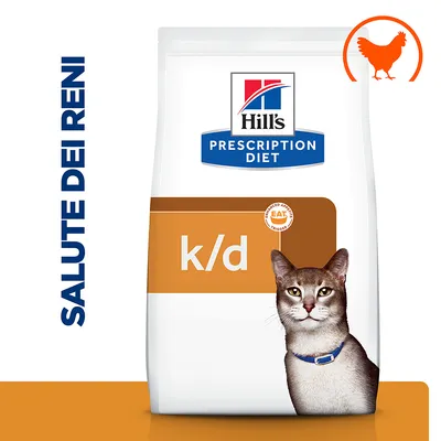 Hill's Prescription Diet k/d per gatti, scritta 'SALUTE DEI RENI', simbolo arancione di pollo, immagine di un gatto sul fronte della confezione. Hill's Prescription Diet k/d per gatti, scritta 'SALUTE DEI RENI', simbolo arancione di pollo, immagine di un gatto sul fronte della confezione.