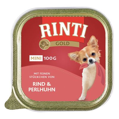 RINTI Gold Mini 100g, con trozos finos de ternera y gallina de Guinea. El envase muestra un perro pequeño con cinta roja.