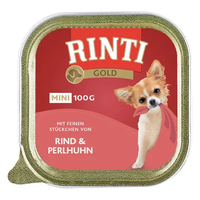 RINTI Gold Mini 100g, con trozos finos de ternera y gallina de Guinea. El envase muestra un perro pequeño con cinta roja.