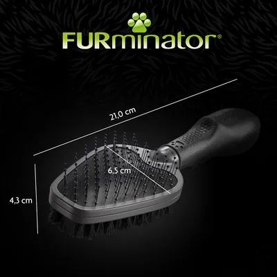 FURminator borstel met afmetingen: lengte 21,0 cm, breedte 6,5 cm, hoogte 4,3 cm. Zichtbare merknaam FURminator boven de borstel.