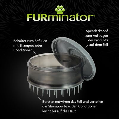 FURminator Behälter zum Befüllen mit Shampoo oder Conditioner, Spenderknopf zur Produktanwendung auf Fell, Borsten entwirren Fell und verteilen Shampoo bis auf die Haut.