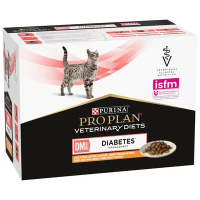 Boîte Purina Pro Plan Veterinary Diets DM St/Ox Diabetes Management pour chats, morceaux tendres au poulet. Texte visible : isfm, Veterinary Clinical Nutrition.