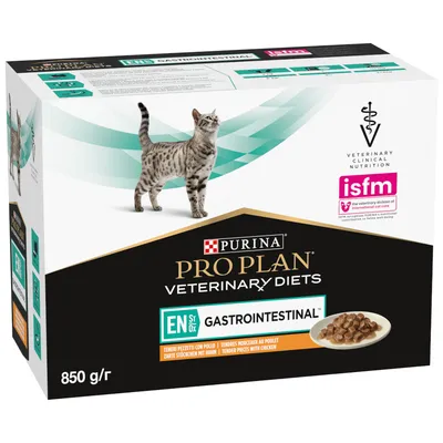 PURINA PRO PLAN VETERINARY DIETS EN GASTROINTESTINAL pro kočky, 850 g/r, zobrazeno balení s miskou krmiva a textem isfm veterinary division of international cat care.