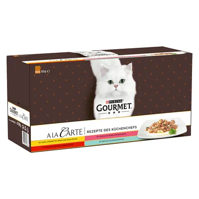 Purina Gourmet A La Carte Chef’s Recipes, 60x85g. Varieties: chicken with spinach, trout with herbs, beef with braised vegetables, pollock with spinach creation.