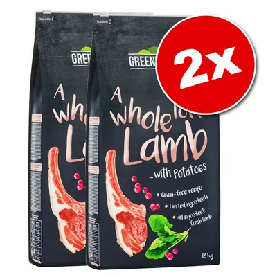 2 sacs de croquettes GREENWOODS A whole lot of Lamb with Potatoes, 12 kg chacun. Texte visible : grain-free recipe, limited ingredients, #1 ingredient fresh lamb.