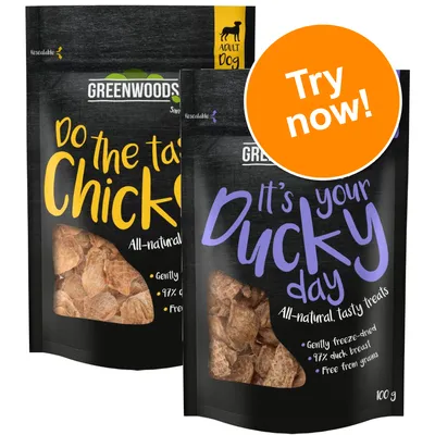 Greenwoods dog treats, two packs: 'Do the tasty Chick' and 'It's your Ducky day', all-natural, gently freeze-dried, 97% meat, free from grains, 100g. Orange badge: Try now! Greenwoods dog treats, two packs: 'Do the tasty Chick' and 'It's your Ducky day', all-natural, gently freeze-dried, 97% meat, free from grains, 100g. Orange badge: Try now!