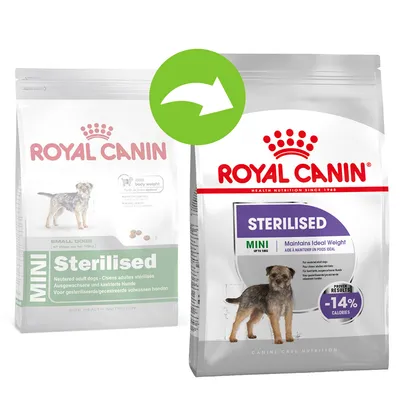 Dva pakiranja Royal Canin Mini Sterilised hrane za pse, prikaz promjene dizajna ambalaže. Na novom pakiranju istaknuto: STERILISED, MINI, -14% kalorija.