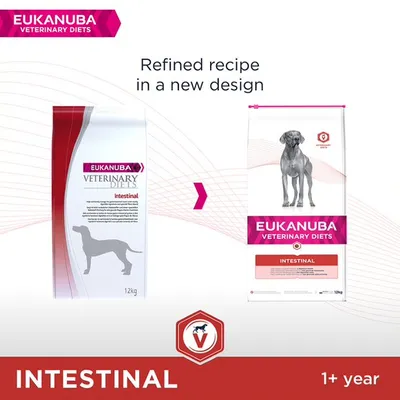 EUKANUBA Veterinary Diets Intestinal para cães, embalagem antiga e nova de 12 kg. Texto visível: 'Refined recipe in a new design', 'INTESTINAL', '1+ year'.