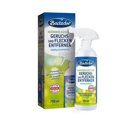 Bactador Microbiological Odour and Stain Remover, embalagem e frasco spray de 750 ml. Texto visível em alemão e inglês. Selo 'Original dermatest Excellent 2009'. Bactador Microbiological Odour and Stain Remover, embalagem e frasco spray de 750 ml. Texto visível em alemão e inglês. Selo 'Original dermatest Excellent 2009'.