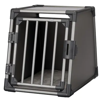 Transport box made of metal and plastic with grid door, suitable for safe accommodation of pets. Padded interior, robust design.