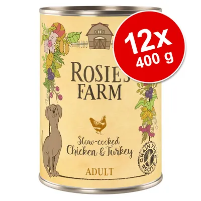 Conservă Rosie's Farm Slow-cooked Chicken & Turkey, Adult, Grain Free Recipe, 12x400 g. Imagine cu un câine, o găină și flori pe ambalaj. Text în limba engleză.
