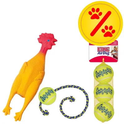 Set mit gelbem Gummihuhn, drei gelben Squeaker-Bällen im Netz, Ball mit Seil und KONG AirDog Verpackung. Gelbes Rabattzeichen mit Pfotenabdruck sichtbar.