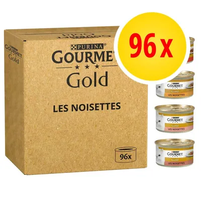 Carton Purina Gourmet Gold Les Noisettes, 96 x boîtes visibles. Trois boîtes individuelles montrées à droite avec étiquettes Gourmet Gold Les Noisettes.