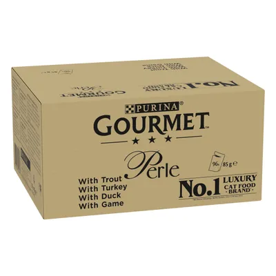 Box showing Gourmet Perle with trout, turkey, duck and game, 96 x 85g portions. Labelled as No.1 luxury cat food brand.