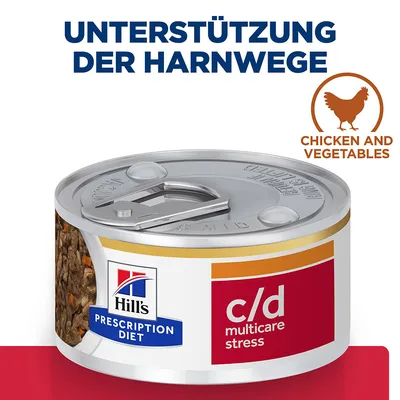 Hill's Prescription Diet c/d multicare stress, soutien des voies urinaires, poulet et légumes. Texte en allemand : Unterstützung der Harnwege. Texte en anglais : Chicken and vegetables.