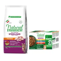 Prix avantageux ! Natural Trainer Adult 10 kg + Lanières en sauce12 x 85 g - Sterilised dinde + lot mixte Sterilised (4 variétés)