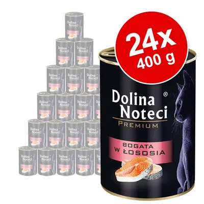 Lot de 24 boîtes Dolina Noteci Premium, 400 g chacune, étiquette avec chat et texte polonais « Bogata w łososia » (riche en saumon) visible sur l’emballage.