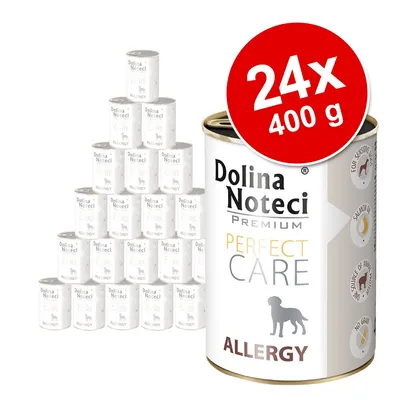 Dolina Noteci Premium Perfect Care Allergy, zestaw 24 puszek po 400 g. Widoczna etykieta: dla wrażliwych psów, bez zbóż, źródło kwasów omega z łososia.