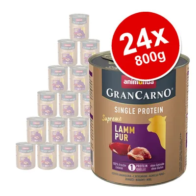 animonda GranCarno Single Protein Supreme Lamm Pur, 24 x 800g tins. Large can in front with visible label and red badge showing '24x 800g'. animonda GranCarno Single Protein Supreme Lamm Pur, 24 x 800g tins. Large can in front with visible label and red badge showing '24x 800g'.