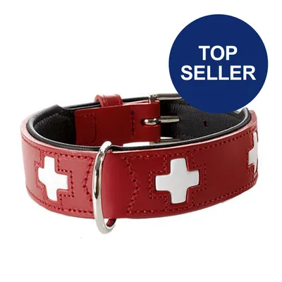 Rotes Hundehalsband mit weißen Kreuzmotiven und Metallschnalle, hervorgehoben als Top Seller.