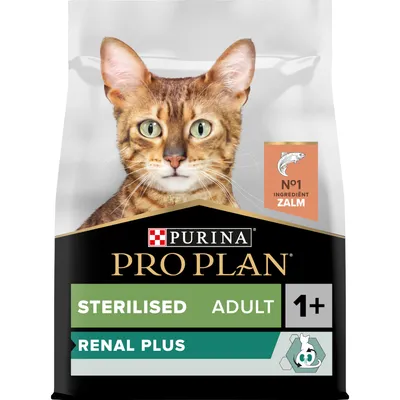 Purina Pro Plan Sterilised Adult 1+ Renal Plus kattenvoer, No1 ingrediënt zalm, verpakking met afbeelding van kat