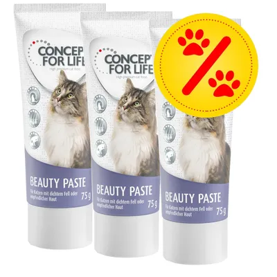 Concept for Life Beauty Paste, 75g. Für Katzen mit dichtem Fell oder empfindlicher Haut. Drei Tuben nebeneinander, gelbes Rabattzeichen mit roten Pfoten.