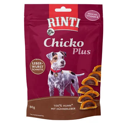 Rinti Chicko Plus leverkorvskiva, rik på vitamin A, 100 % kyckling med kycklinglever, 80 g. I köttandelen.