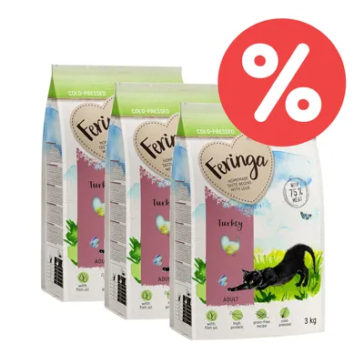 Feringa Adult Katzenfutter, kaltgepresst, mit Truthahn, 75% Fleischanteil, getreidefrei, mit Fischöl, hoher Proteingehalt. Packungsgröße: 3 kg. Rabatt-Symbol sichtbar.