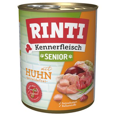 RINTI Kennerfleisch mit Rind, getreidefrei. 24x800 g dåser vist, stor rød cirkel med teksten '24x 800 g'. Billede af oksekød og grøntsager på dåsen.